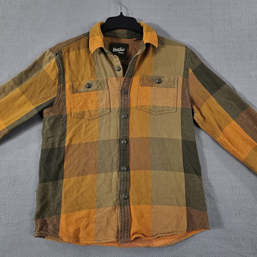 Howler Brothers Men's Small Mustard Olive Plaid Flannel Shirt Outdoor Street
